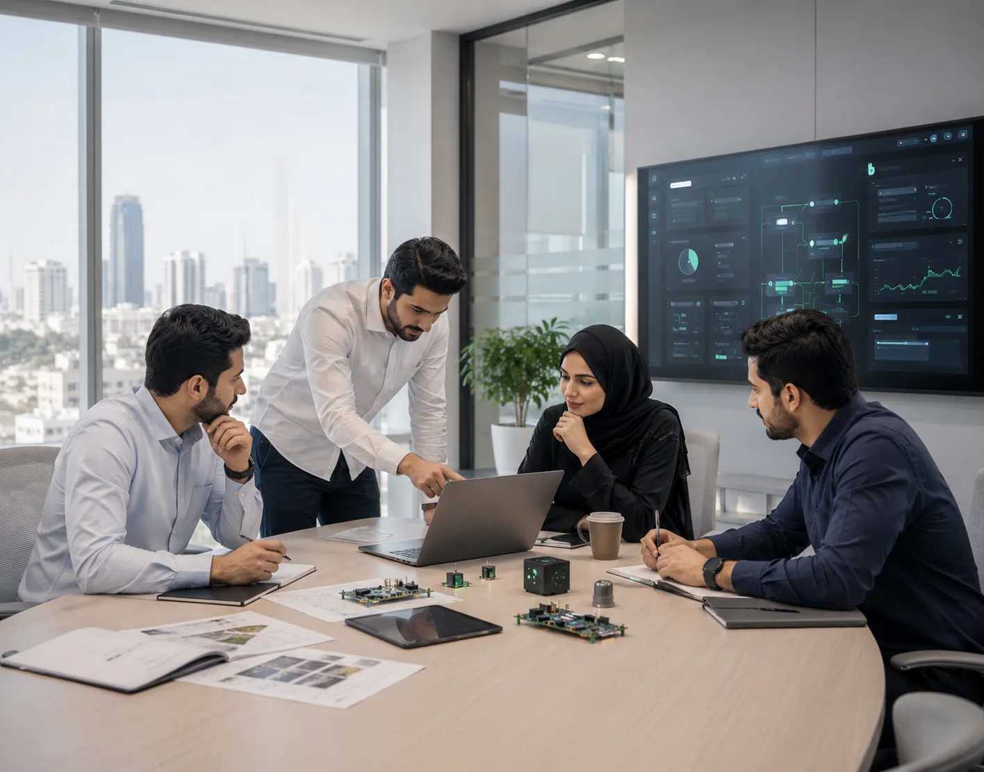 Illustration of a team reviewing software and electronics around a meeting table
