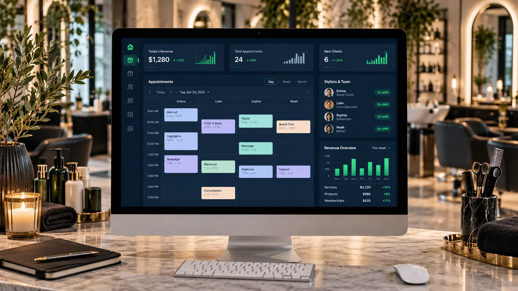 Illustration of a salon and spa management dashboard on a desktop monitor, appointment calendar, stylist schedule and emerald revenue cards; clean navy interface and neutral studio backdrop