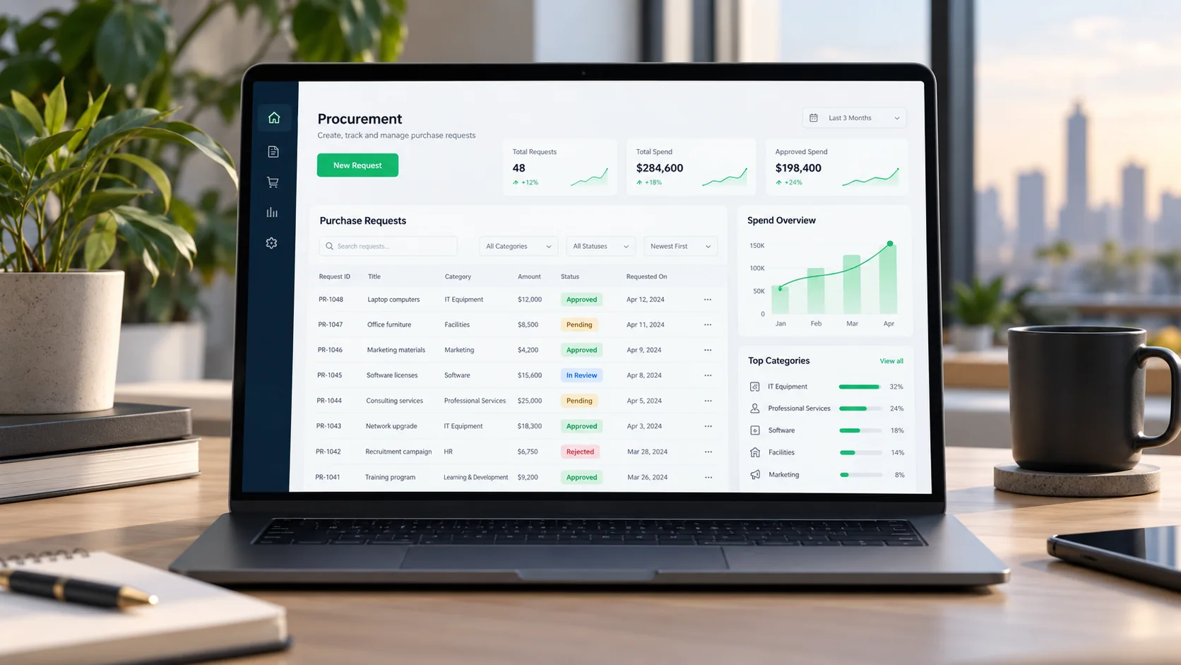 Illustration of a corporate procurement portal on a laptop, clean enterprise interface with purchase request table, approval statuses and subtle emerald spend chart, neutral studio backdrop