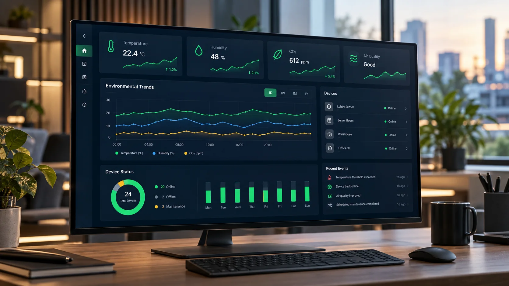 Illustration of an IoT facility monitoring dashboard on a wide monitor, live time-series charts, environmental readings and device status cards, dark navy interface with emerald indicators