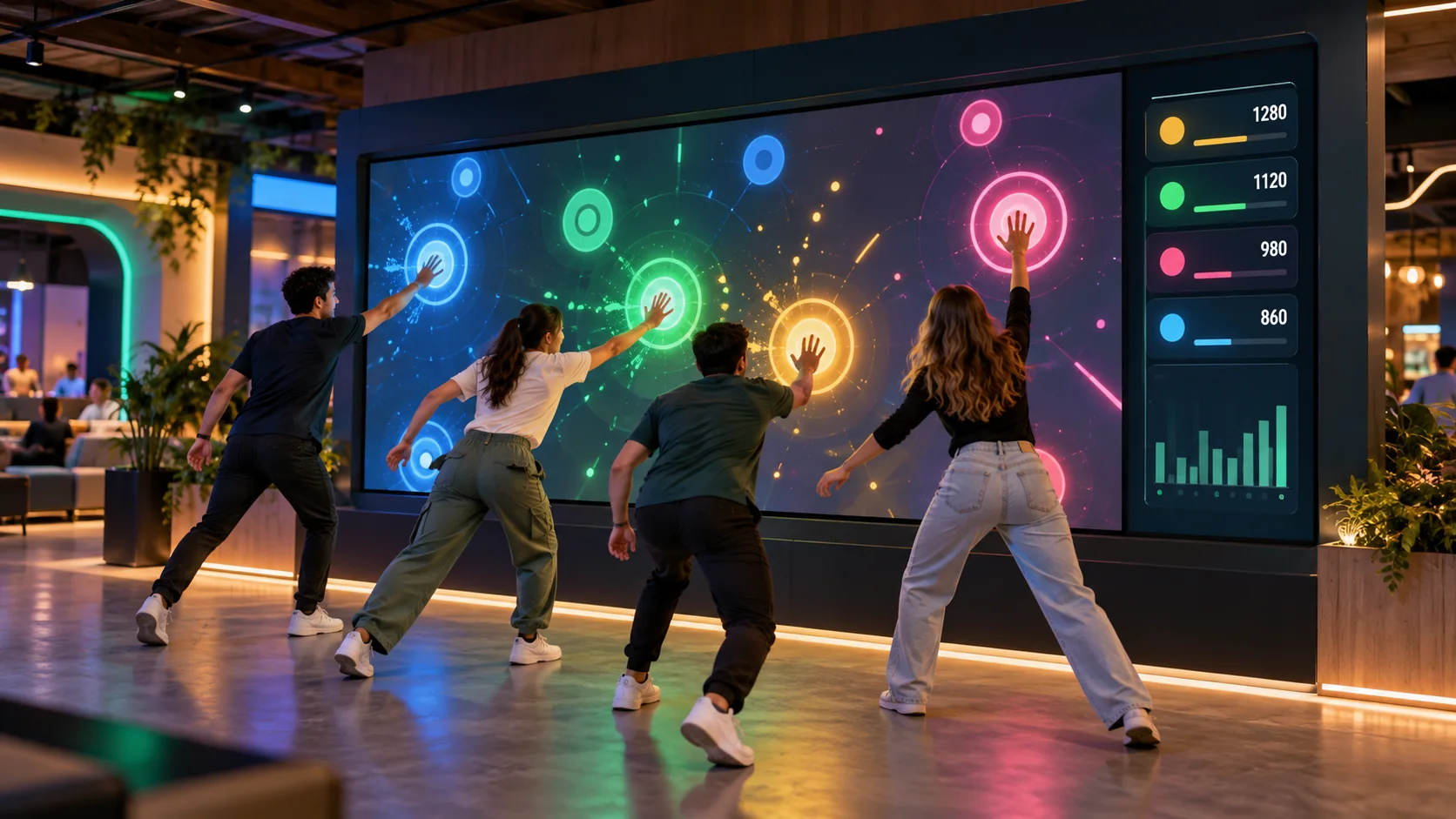 Illustration of a large interactive touchscreen game installation, colorful multiplayer target game and compact leaderboard in a softly lit entertainment venue, clean front three-quarter view