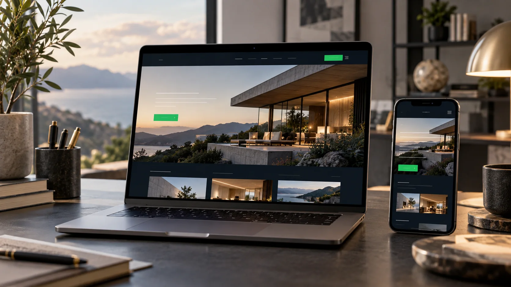 Illustration of a contemporary corporate website displayed consistently on a laptop and smartphone, architecture-themed image hero, elegant navigation and restrained emerald buttons, studio desk