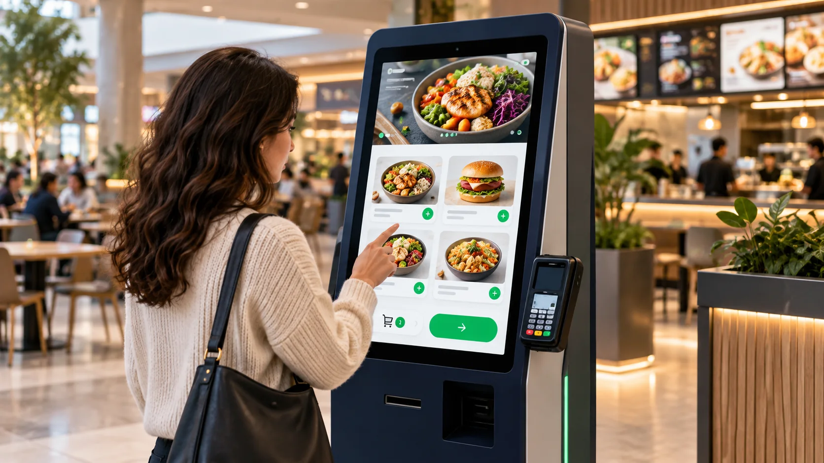Illustration of a self-order food kiosk with a clear touchscreen menu of food photography tiles and large ordering controls, simple green confirmation accents, softly lit mall food court