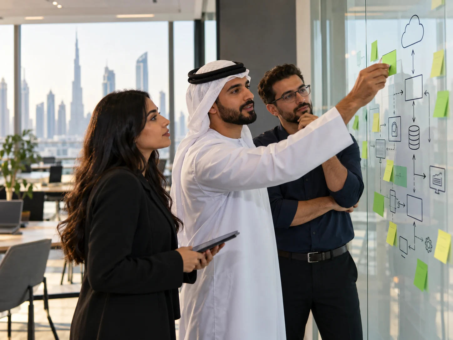 Discovery workshop with three colleagues mapping business workflows and system architecture using sticky notes and simple boxes on a glass whiteboard in a modern office, collaborative candid scene