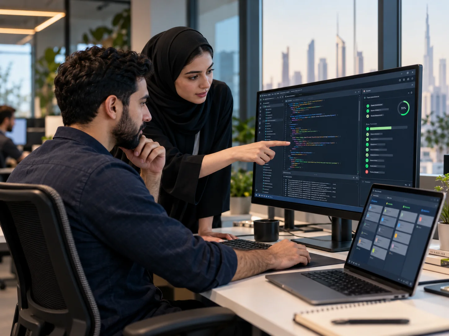 Two software engineers reviewing code and a compact sprint board at a workstation, desktop monitor showing an abstract code editor and test status, realistic collaborative software quality assurance scene