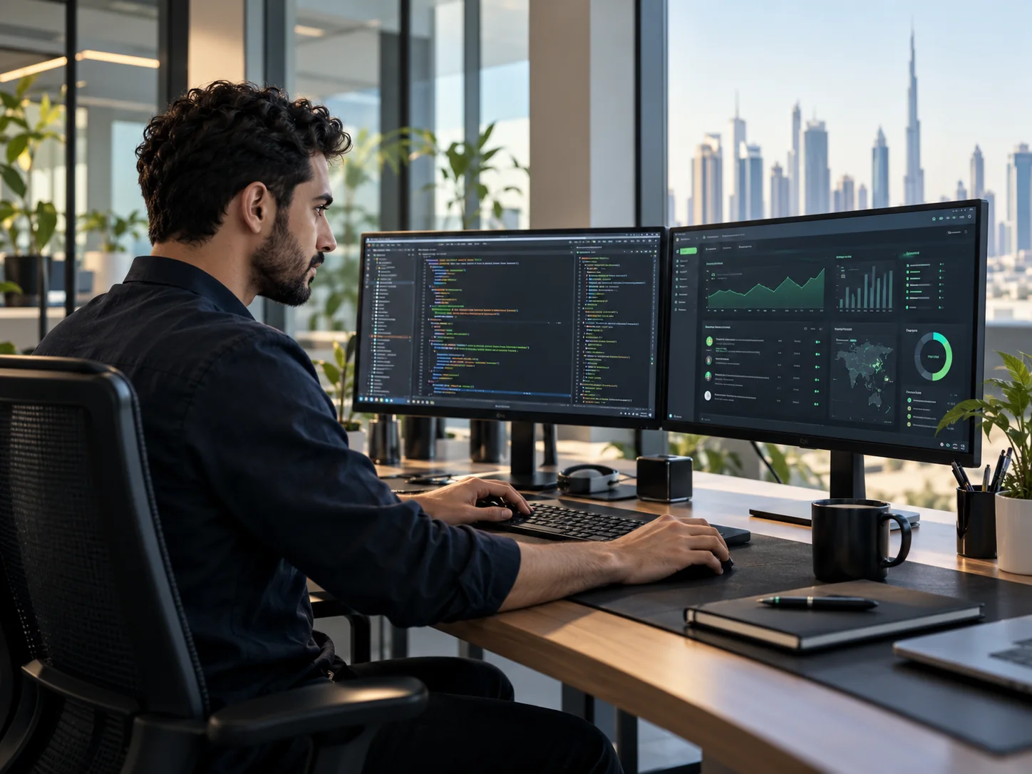 Software engineer at a dual-monitor workstation with a code editor and software dashboard.