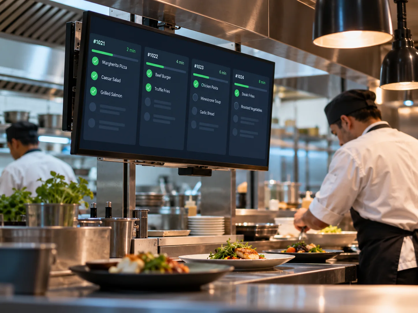 Restaurant kitchen display receiving digital orders, mounted monitor with simple order cards and green status indicators, chef preparing plates in soft background