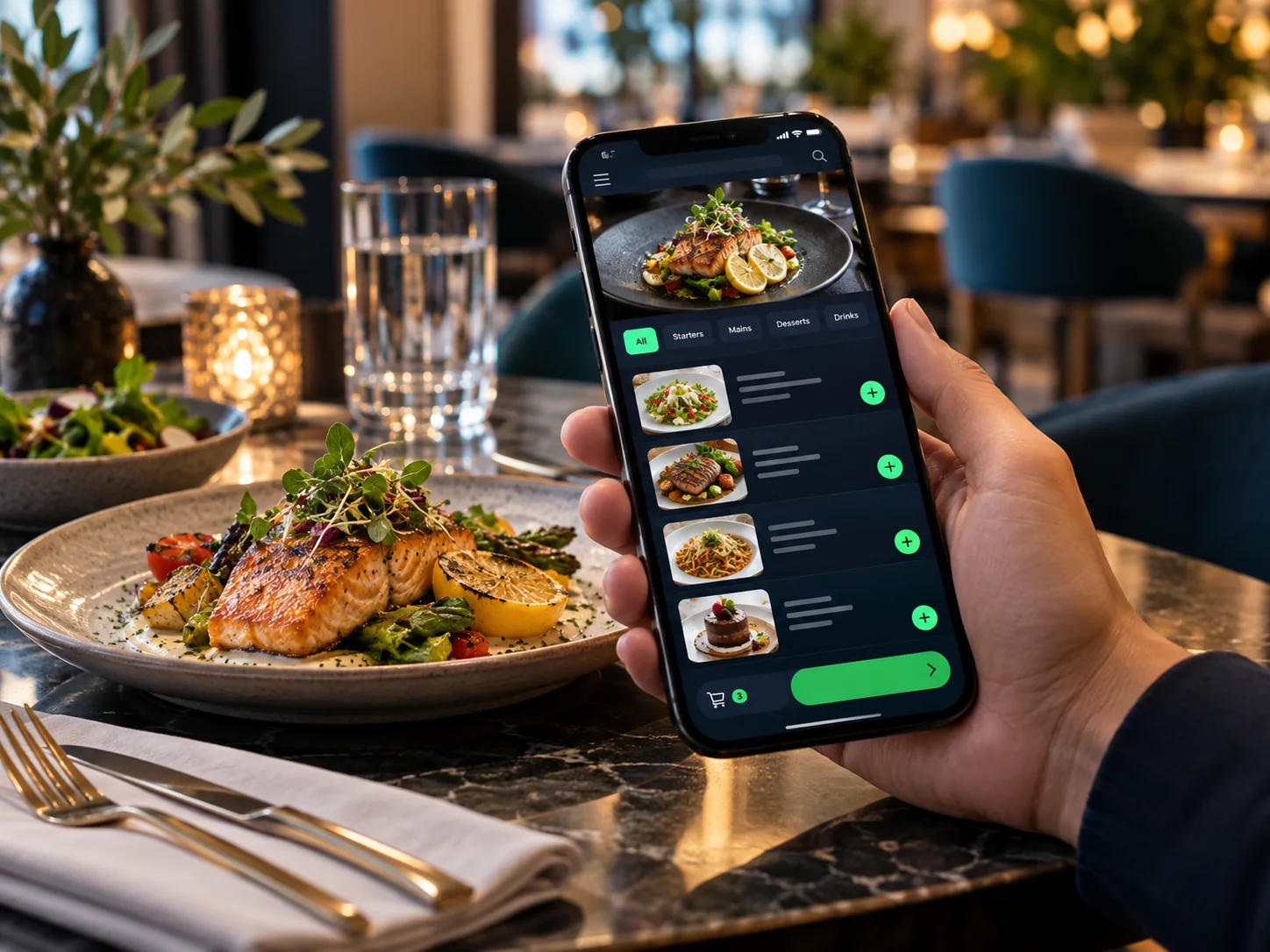 Premium smartphone mockup showing an elegant digital restaurant menu with food photography, category tabs and simple ordering controls, on a restaurant table beside a plated meal