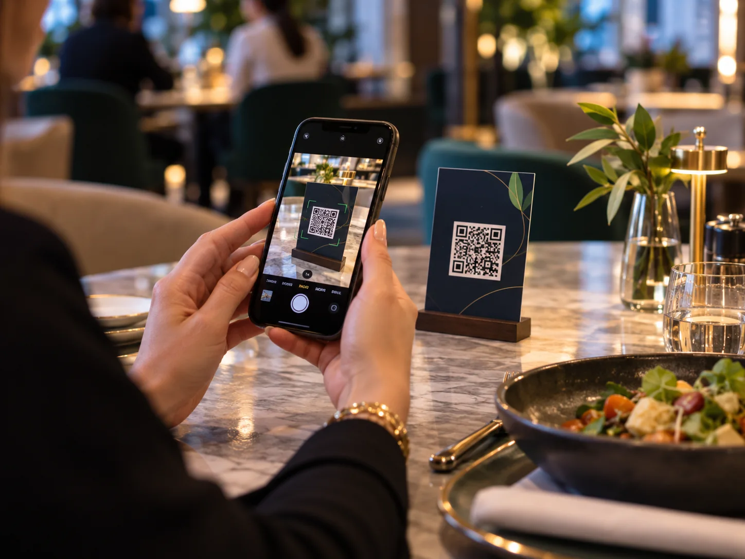 Close-up of a diner scanning a small QR table card with a smartphone in a warm modern restaurant, realistic compact QR pattern, hands and devices central