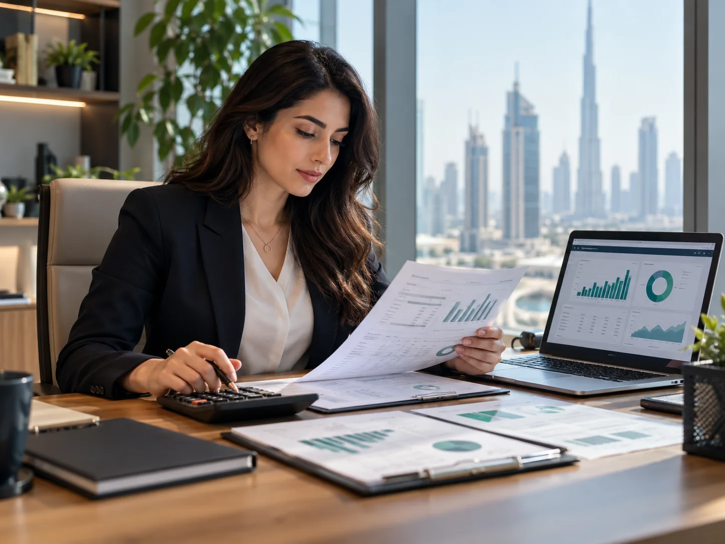 Accountant reviewing a finance dashboard with subtle emerald charts and a printed report at a desk, calculator and laptop, professional finance workflow