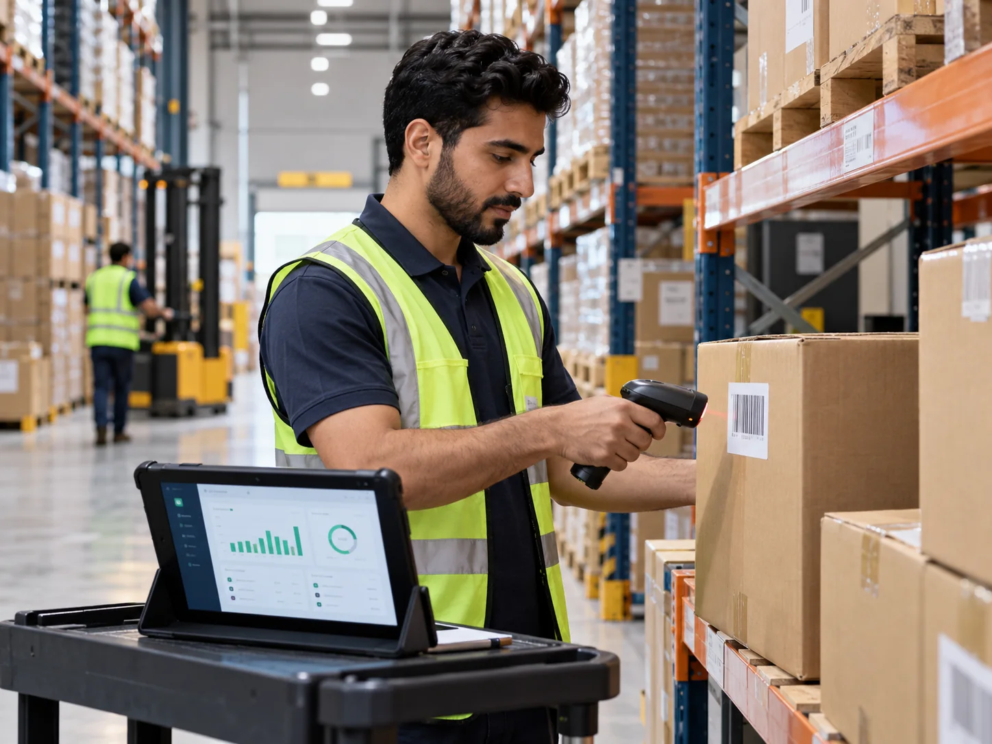 Warehouse employee scanning a barcode on a cardboard box beside organized inventory shelves, tablet with a simple stock dashboard, realistic clean warehouse