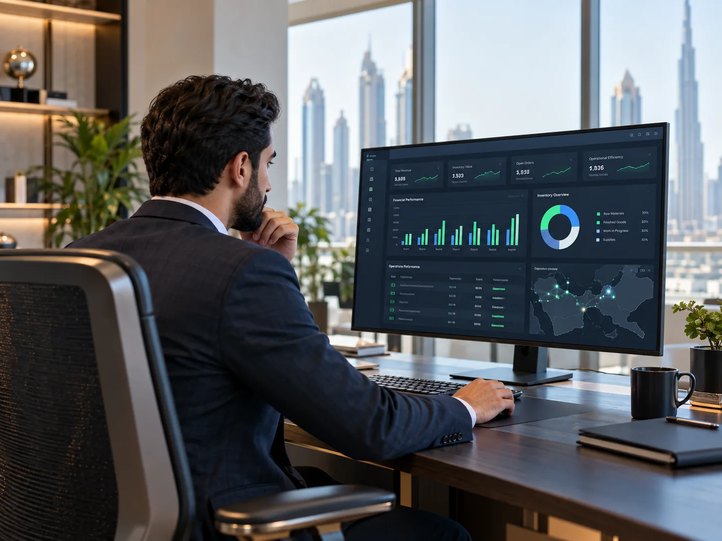 Business operations manager reviewing a unified finance, inventory and operations dashboard on a large desktop monitor in a contemporary office