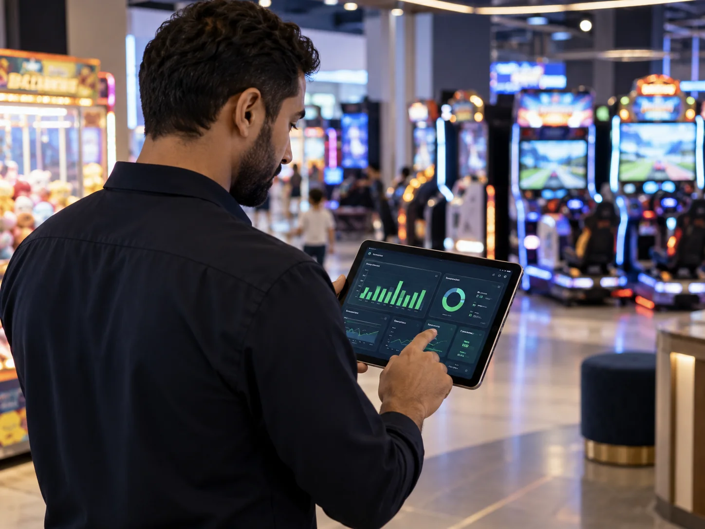 Illustrative gaming venue operator reviewing station performance charts on a tablet