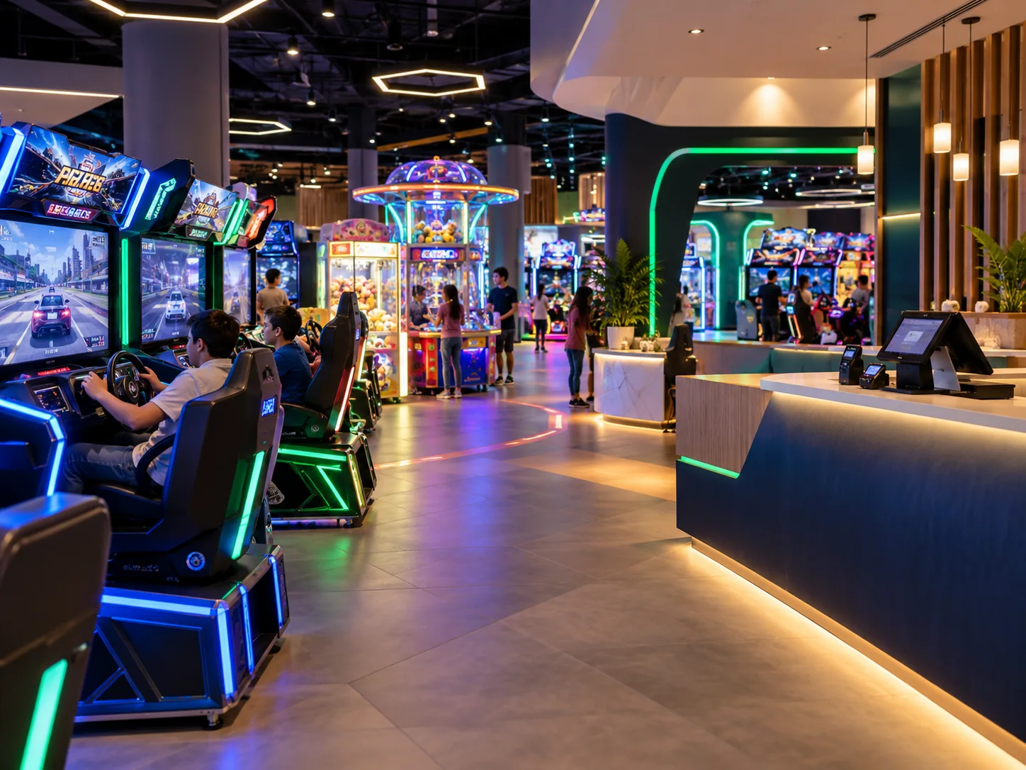 Illustrative entertainment venue with gaming stations and a reception counter