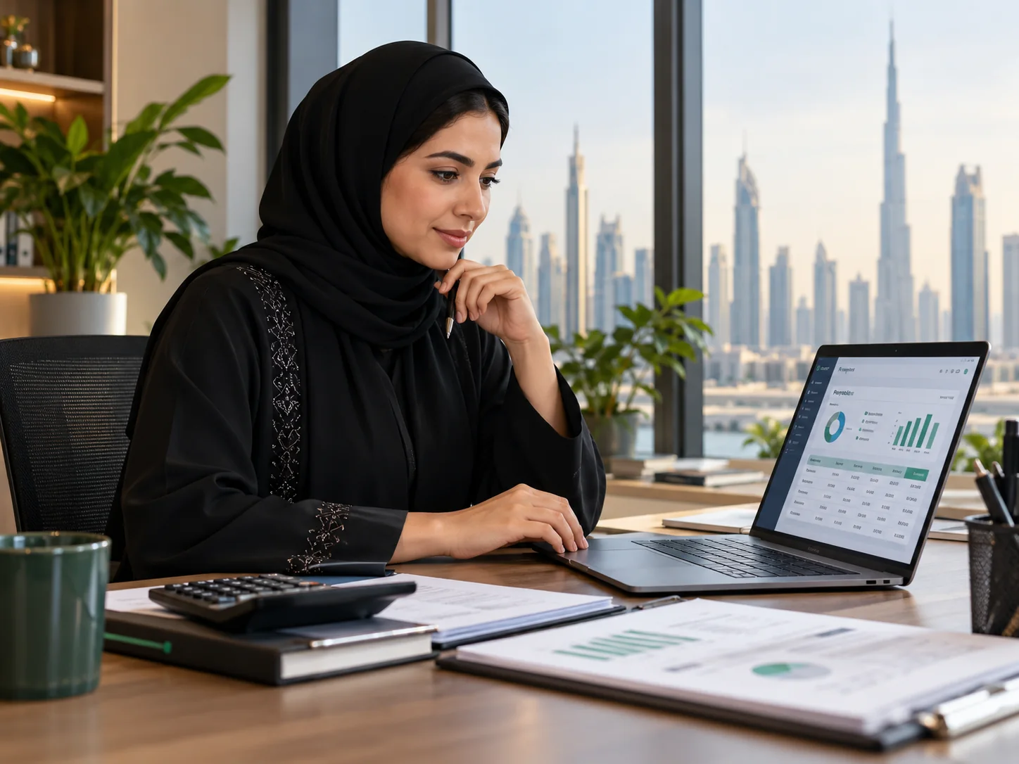 Payroll specialist checking a salary summary on a laptop beside a calculator and tidy generic paperwork, no identifiable personal records