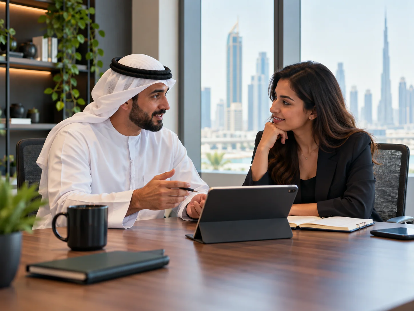 Manager and colleague in a friendly performance development conversation at an office meeting table, small tablet and notebook