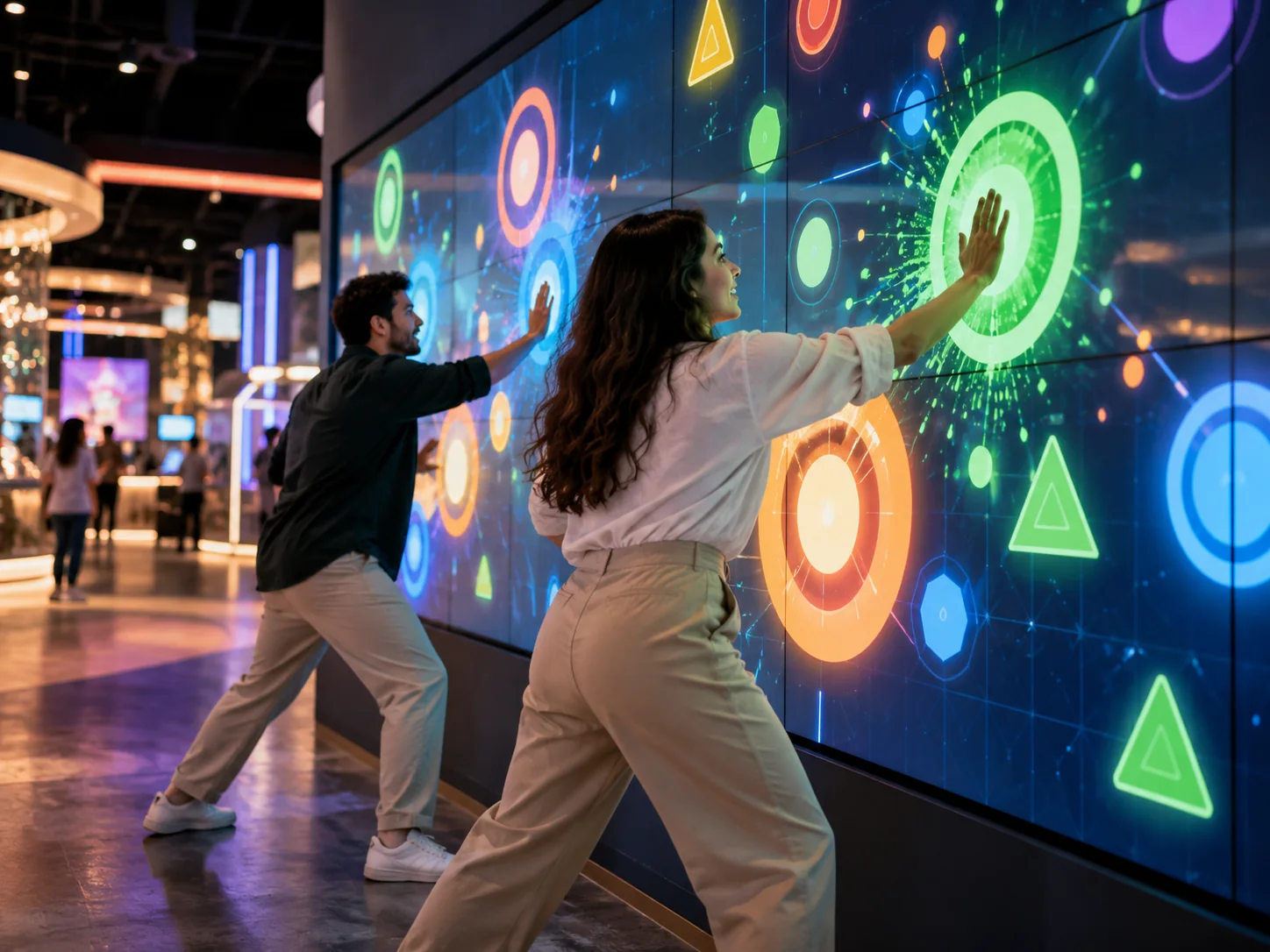 Large interactive touch wall in a family entertainment venue showing colorful playful multiplayer target shapes, two adult participants using the installation, energetic but tasteful