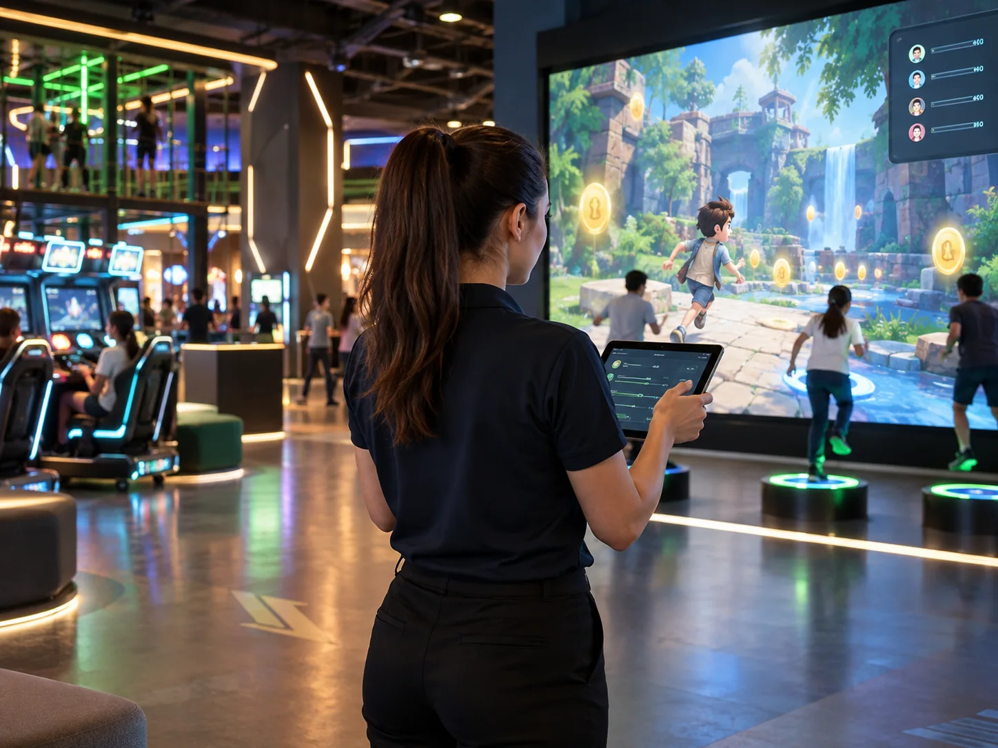 Venue operator with tablet controlling an interactive game installation, big screen with colorful game scene and small leaderboard, arcade ecosystem in background
