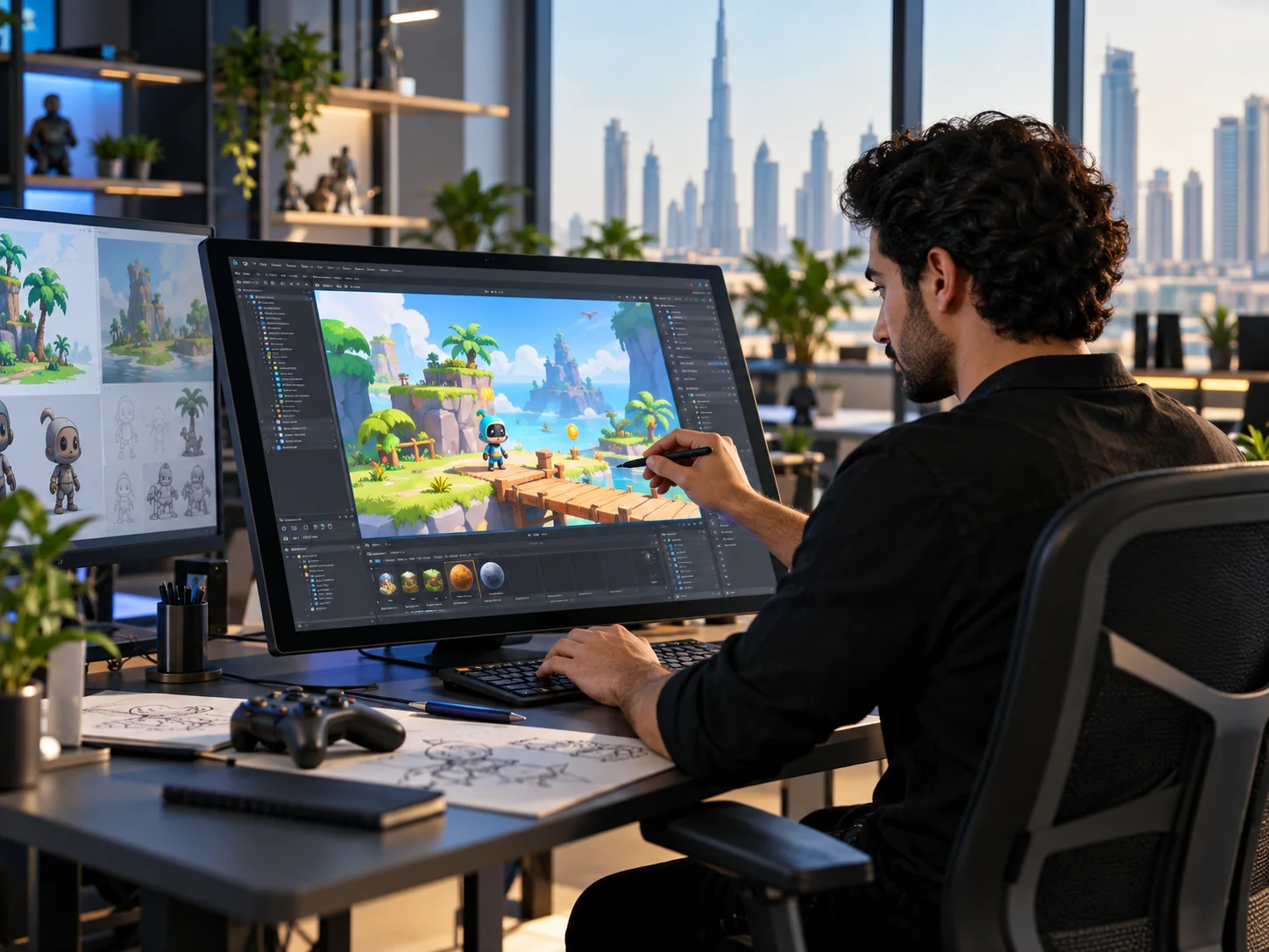 Game developer working on a colorful interactive touchscreen game in a modern studio, monitor with simple playful game scene and game development panels