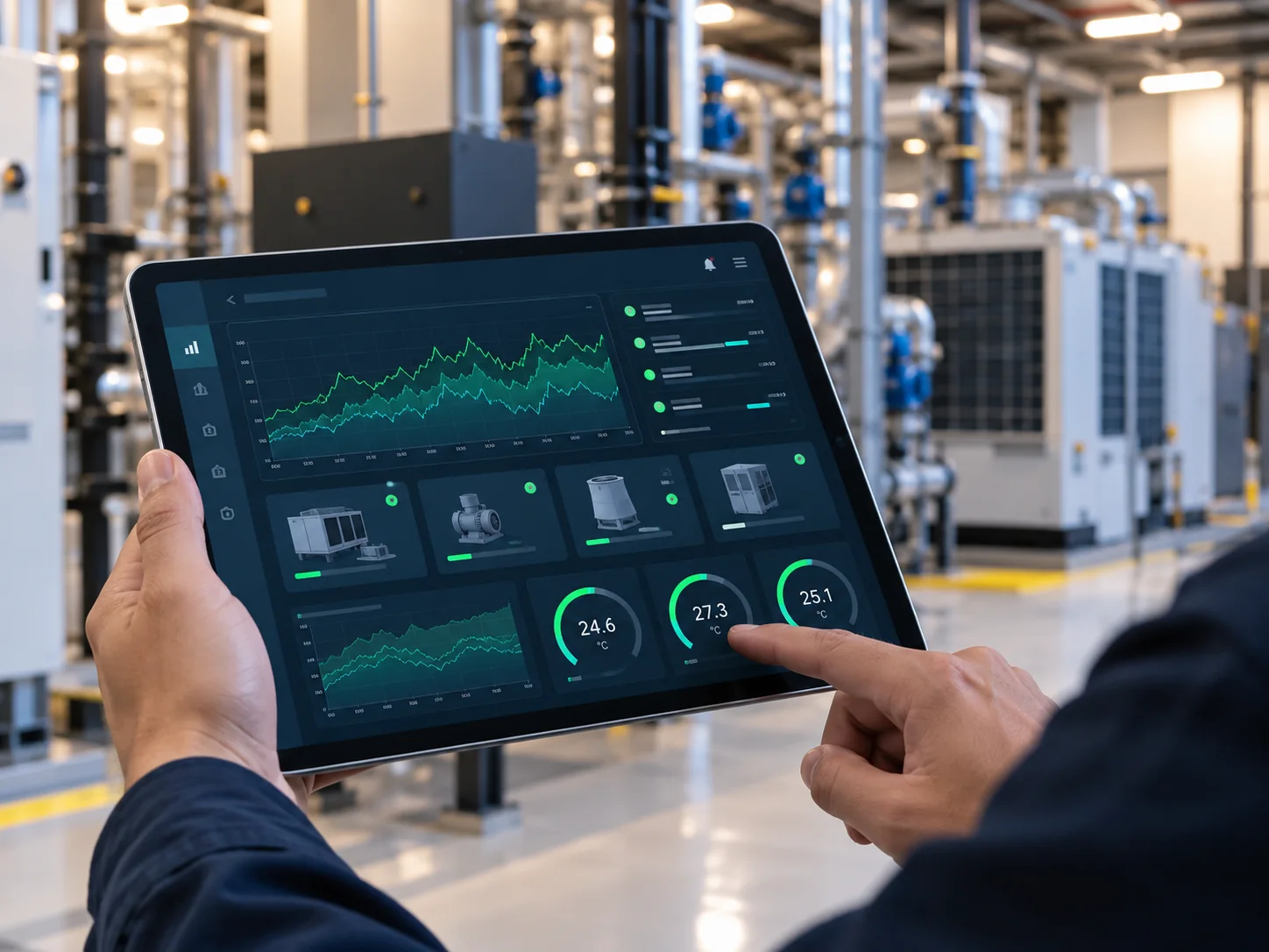 Close-up of a tablet with a real-time IoT monitoring dashboard: emerald time-series graphs, device status tiles and temperature gauges, equipment room blurred behind