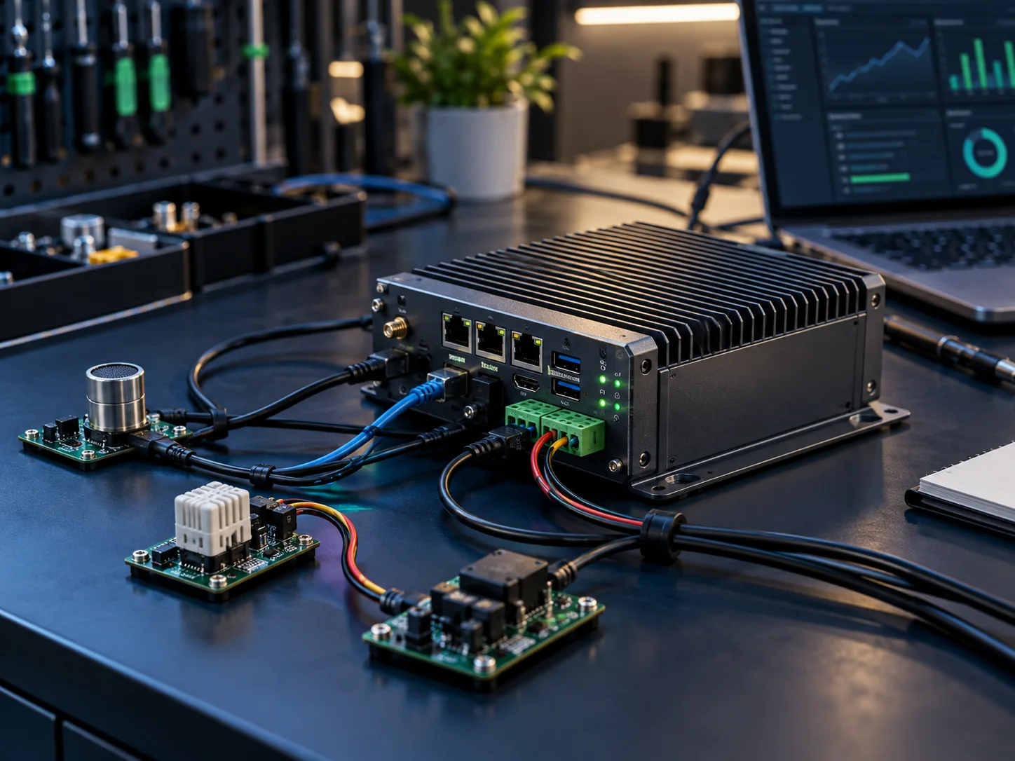 Macro editorial product photograph of an unbranded industrial edge gateway and small sensor circuit boards neatly connected with wires on a dark navy workbench, realistic electronics