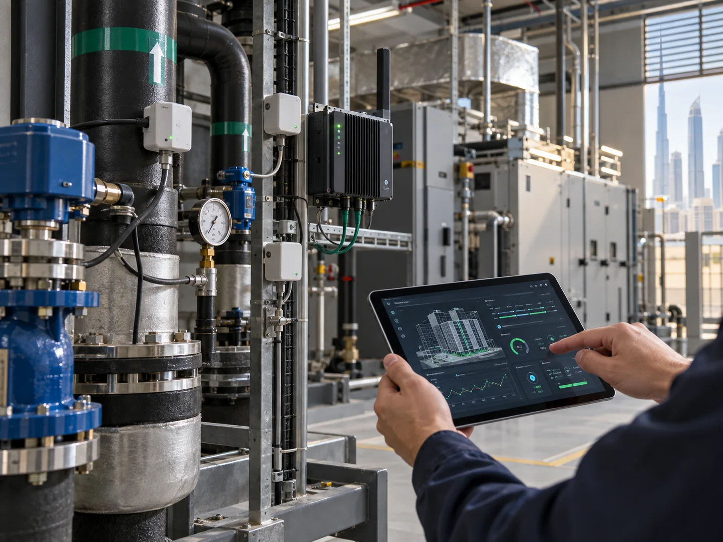 Smart commercial building equipment room with sensors, an edge gateway and tablet showing facility monitoring data, realistic clean installation, sensors visible centrally