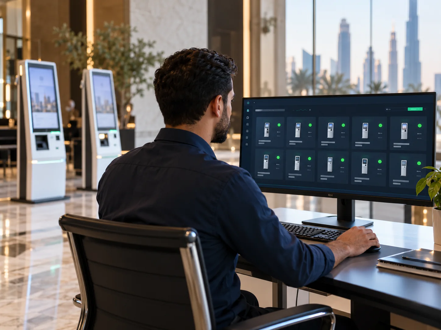 Kiosk operations manager monitoring a fleet dashboard on a widescreen monitor, simple device status grid with emerald online dots, two kiosks blurred in background