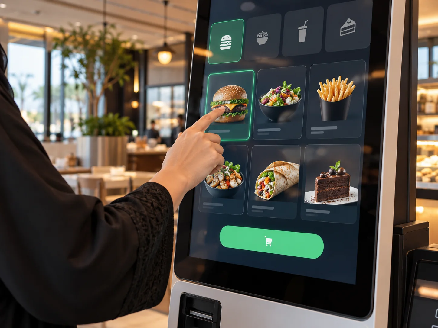 Close-up of a customer's hand touching a large accessible kiosk interface with clearly spaced food categories, large controls and subtle green confirmation state