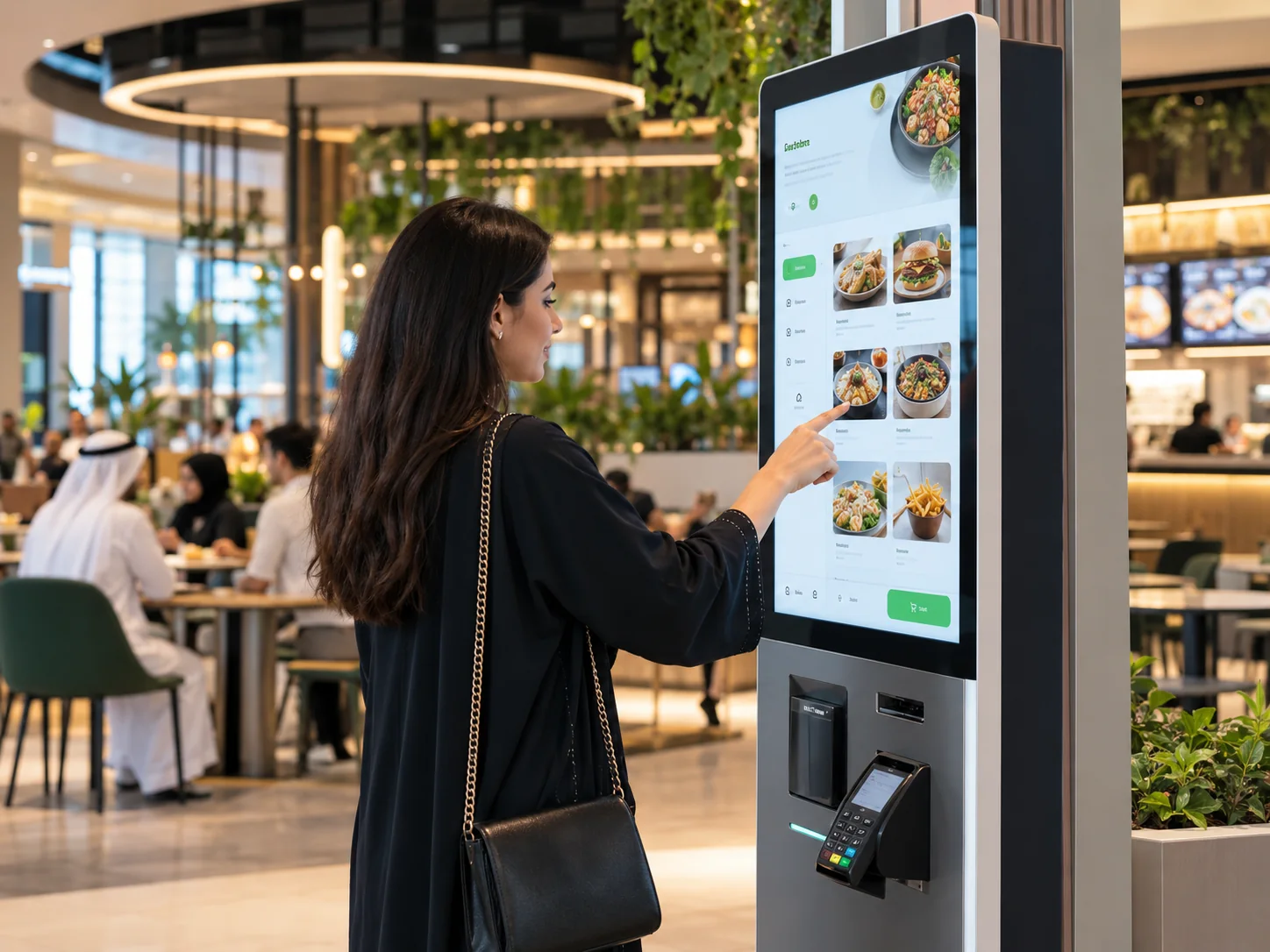 Customer using a tall freestanding self-service food ordering kiosk in a bright contemporary food court, touchscreen shows food tiles and simple ordering controls