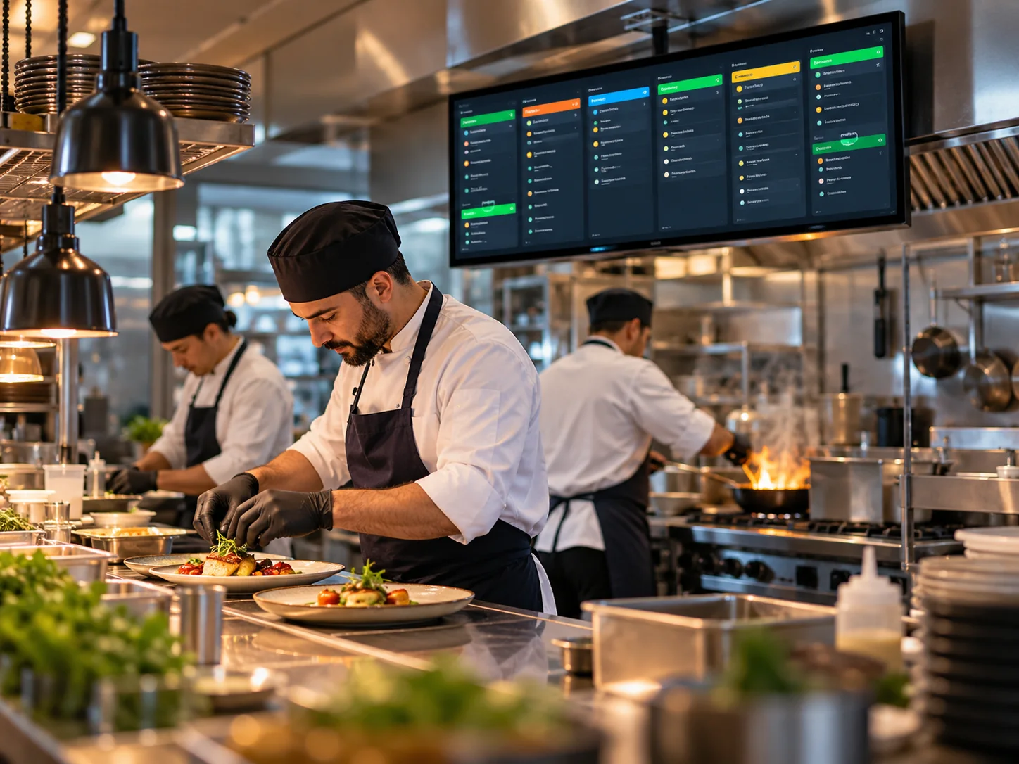 Professional restaurant kitchen with chefs preparing dishes and a mounted kitchen display screen showing compact order cards, candid clean workflow