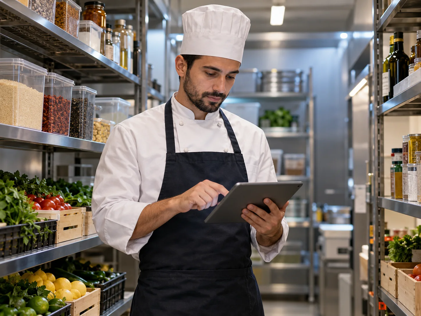 Chef reviewing stock quantities on a handheld tablet in a tidy restaurant storeroom with ingredient containers and fresh produce