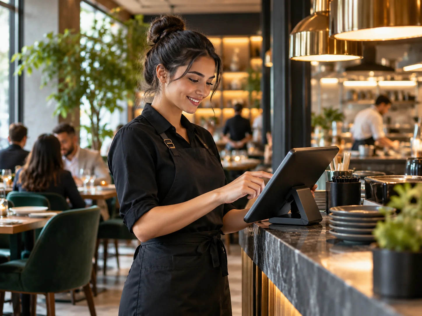 Restaurant staff member using a tablet POS beside a service counter in a stylish contemporary restaurant, warm food-service setting