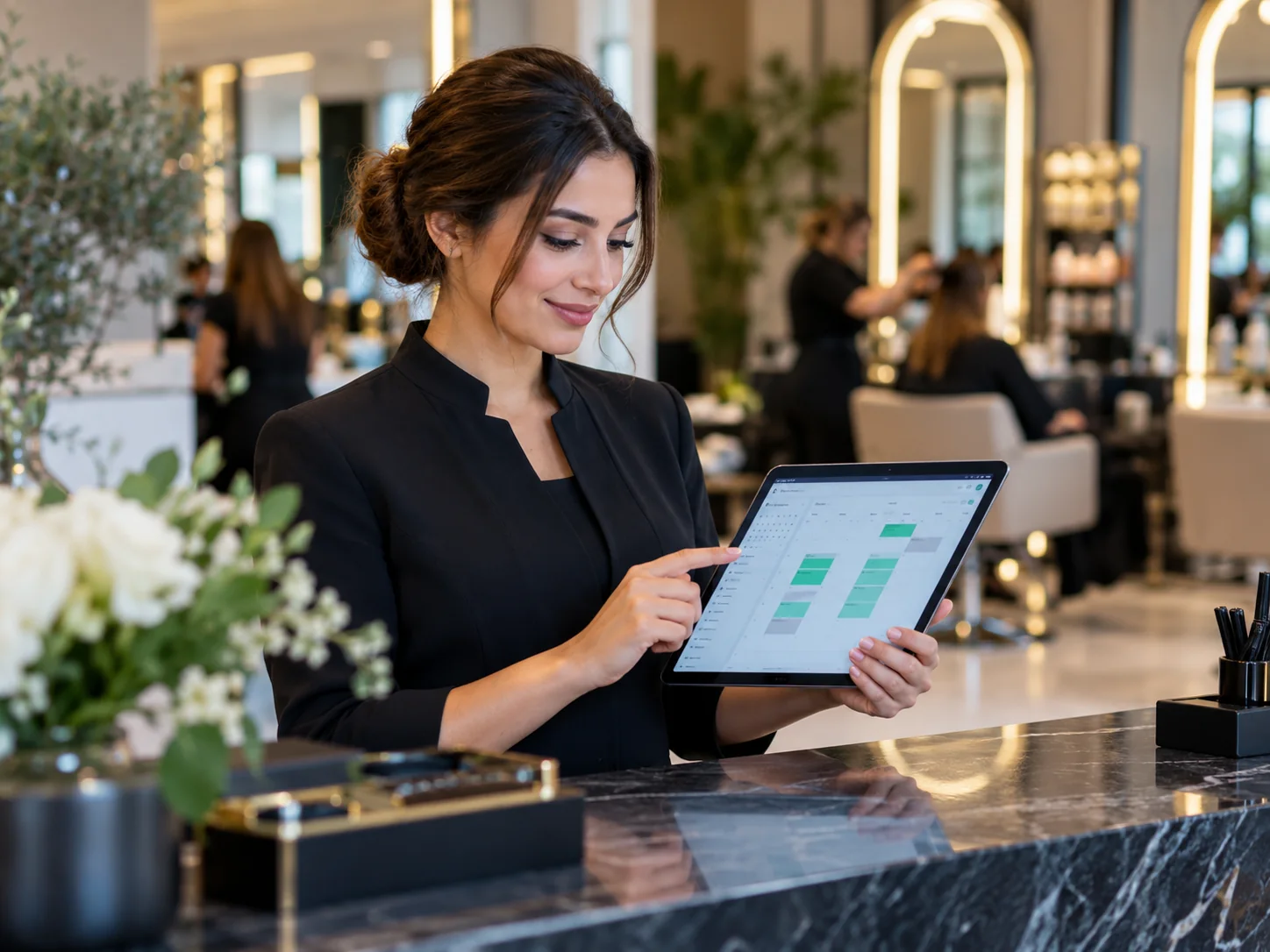 Close-up of a salon receptionist using a tablet appointment calendar with subtle emerald slots, blurred styling stations in background