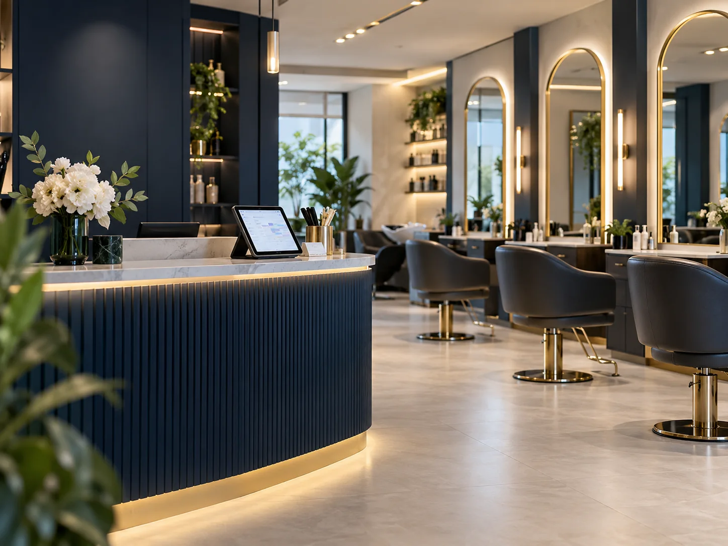Elegant modern salon reception and styling stations with mirrors, chairs and a tablet at the desk, clean tasteful navy and warm-neutral styling