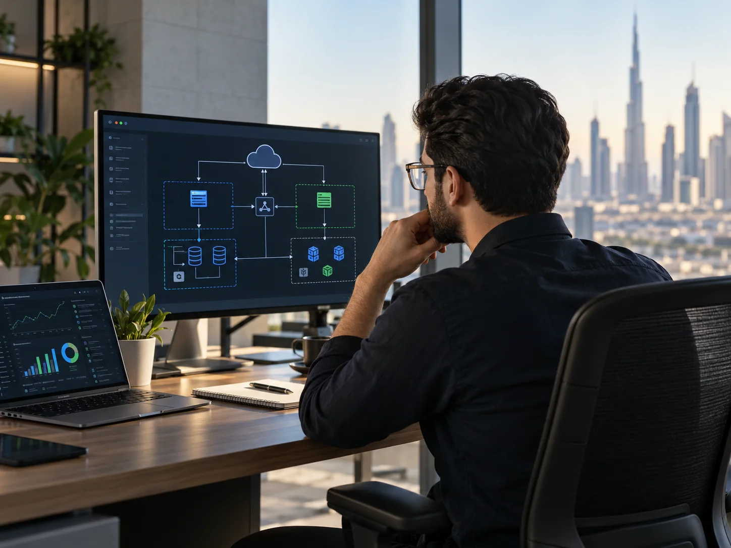 Software architect reviewing a cloud deployment diagram with simple connected boxes on a widescreen monitor, laptop dashboard nearby, realistic technical workspace