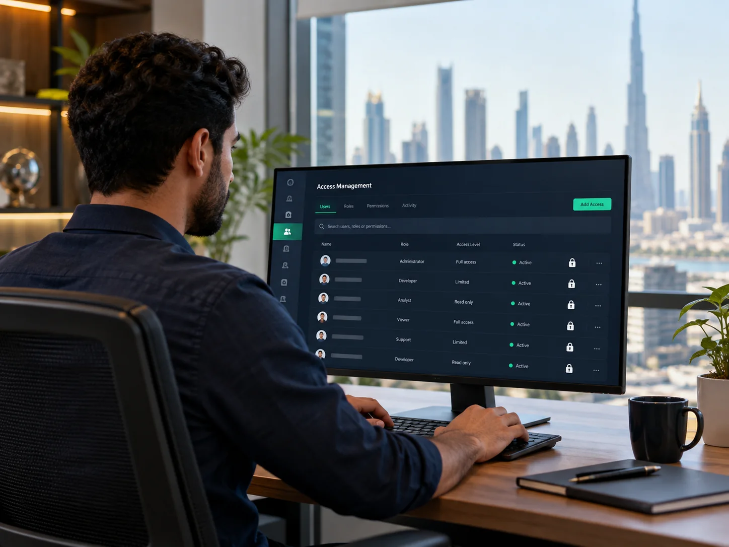 Software engineer checking a secure access management screen with compact permission rows and a small lock symbol, office workstation, no floating holographic imagery