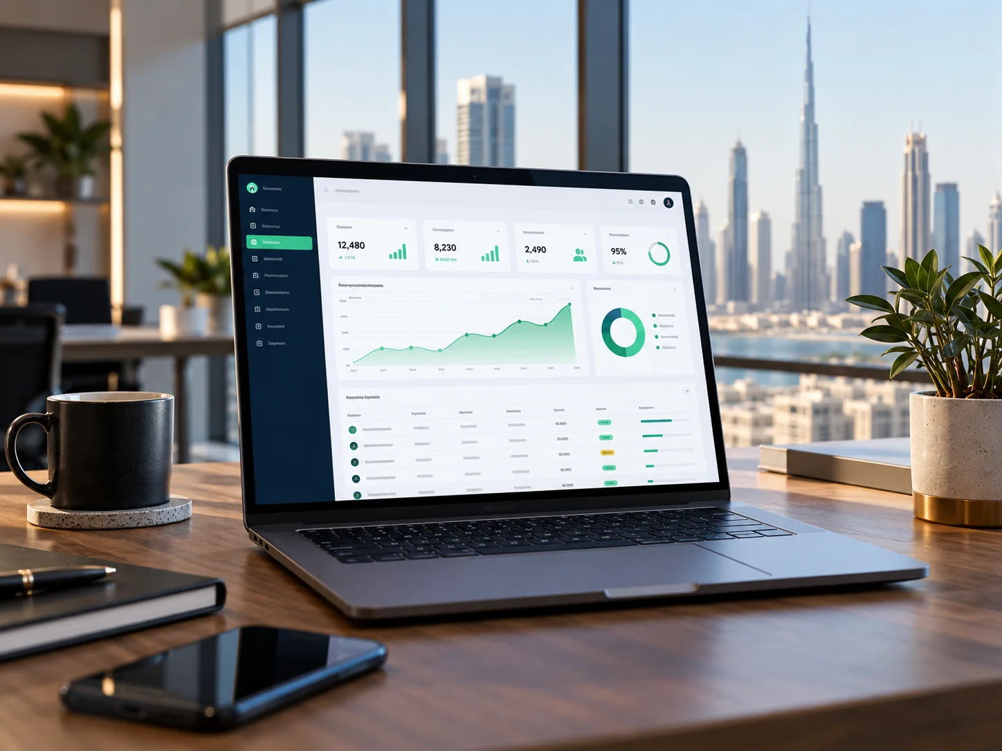 Modern laptop showing a sophisticated business web application dashboard with navigation sidebar, emerald charts, data table and clean metric cards, contemporary office