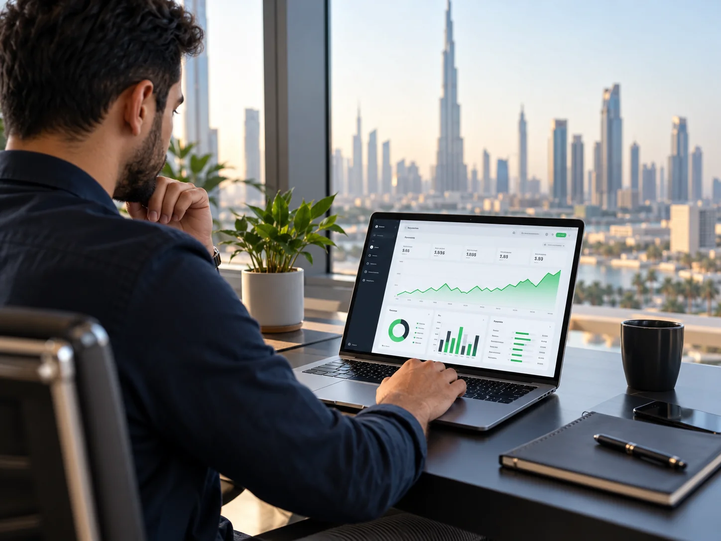SEO specialist reviewing website traffic and search performance charts on a laptop at a tidy desk, clean analytics interface with green line chart