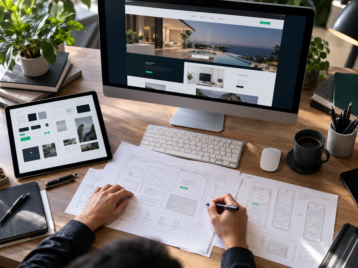Top-down design workspace with wireframe sketches, tablet showing a component grid and desktop screen showing an elegant responsive website design, no recognizable branded software