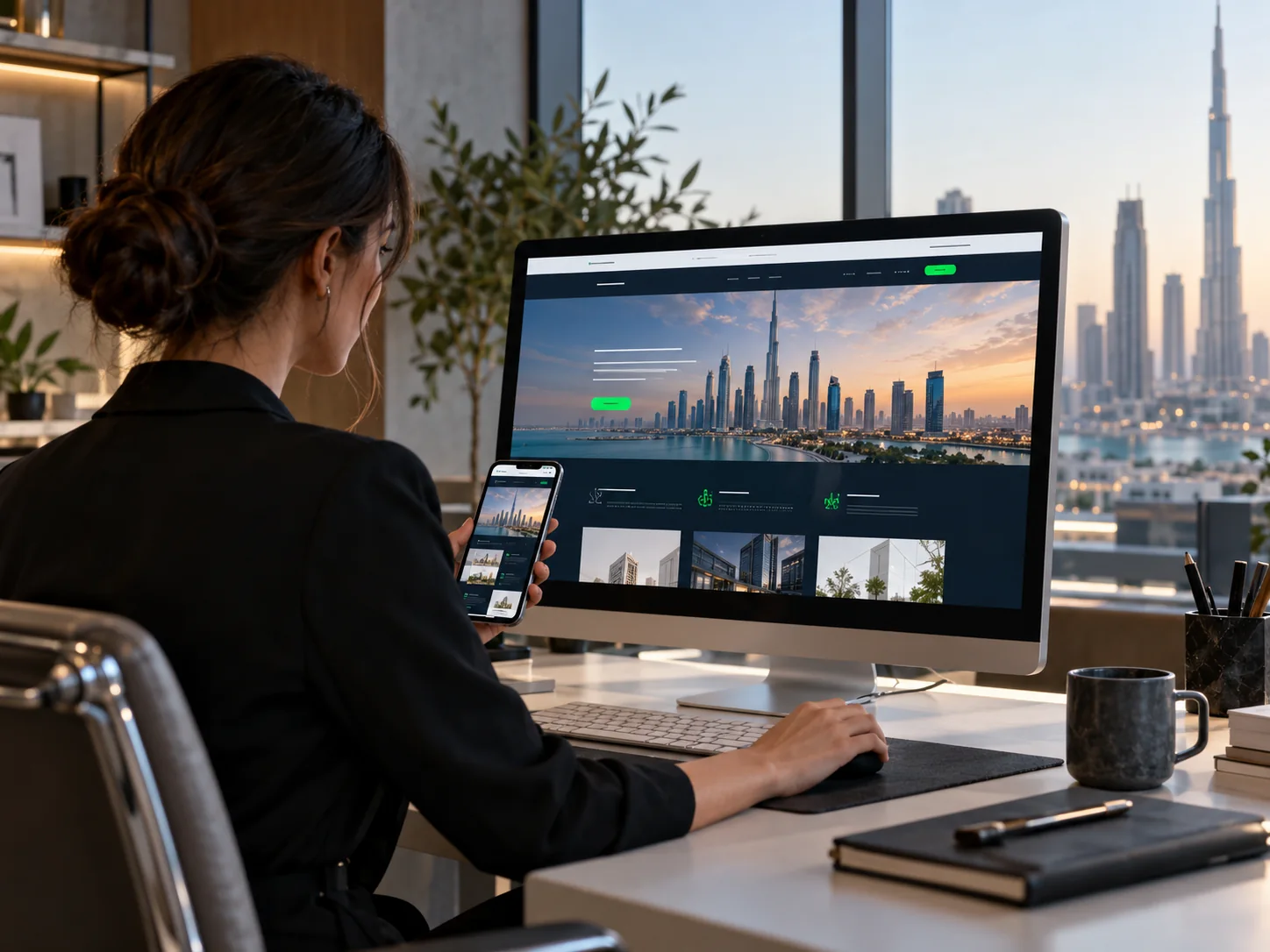 Designer reviewing a cohesive premium corporate website across desktop and smartphone screens in a modern design studio, responsive layout with tasteful image hero