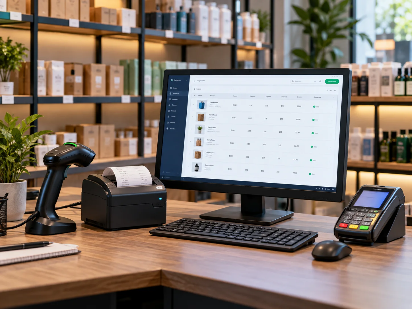 Desktop business workstation with USB barcode scanner, thermal receipt printer and POS payment terminal connected beside a monitor showing inventory rows, realistic hardware arrangement