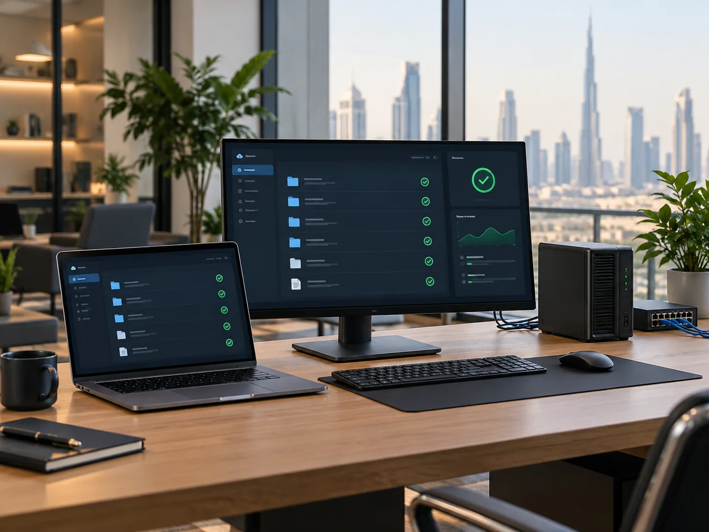 Laptop and desktop business application showing matching small sync status icons, compact edge server beside workstation, realistic office with network connection context