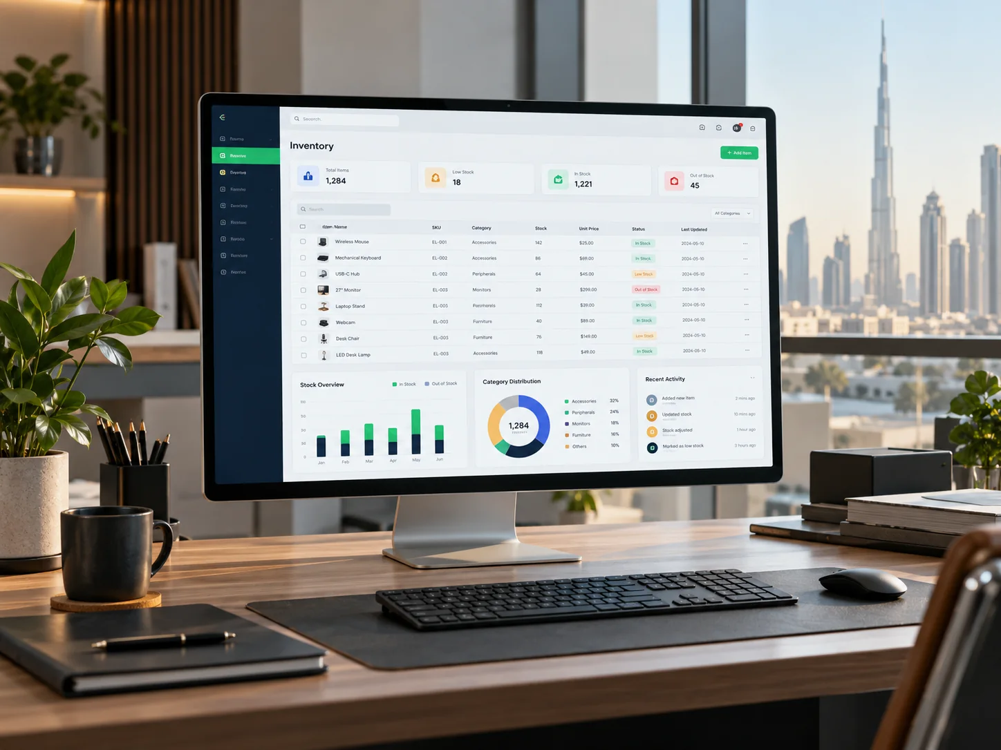 Professional desktop PC showing a crisp native desktop inventory application with toolbar, table and compact reports, keyboard and tidy workplace