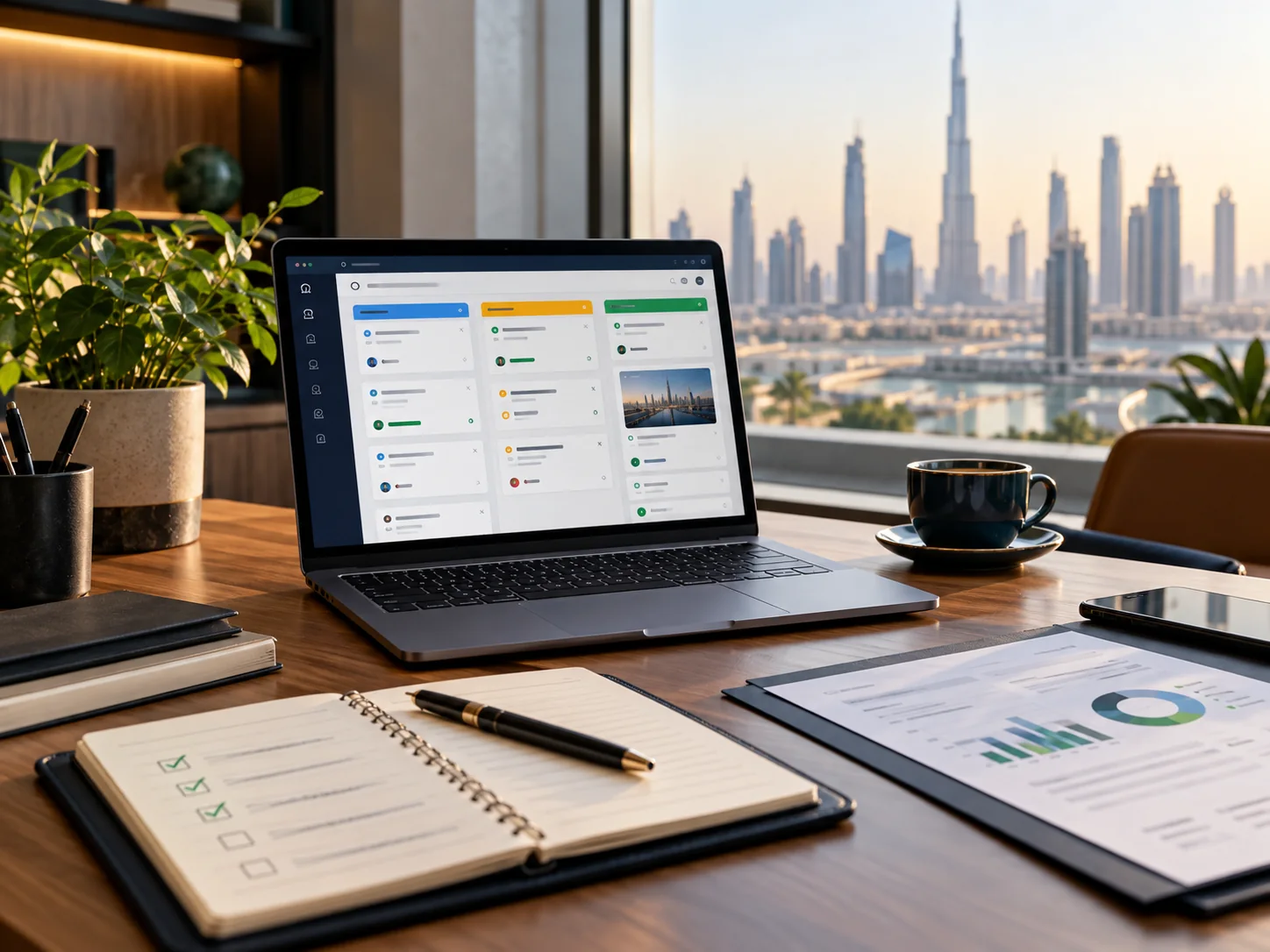 a project delivery workspace with laptop showing a compact task board, notebook with simple checklist and carefully arranged meeting materials, no people