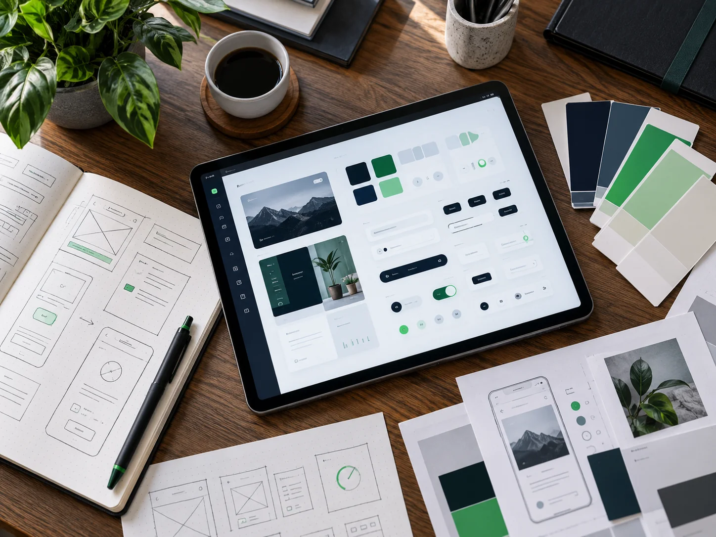 a UI design desk with tablet showing a clean component library, wireframe sketches and color swatches, no people