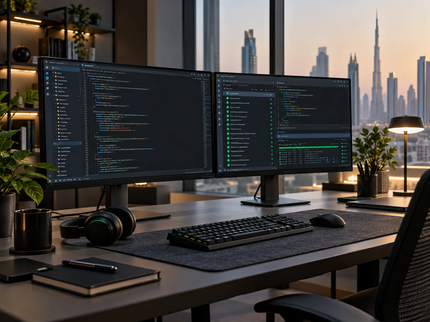 a software engineering workstation with two monitors showing a code editor and tests, neat keyboard and headphones, no people
