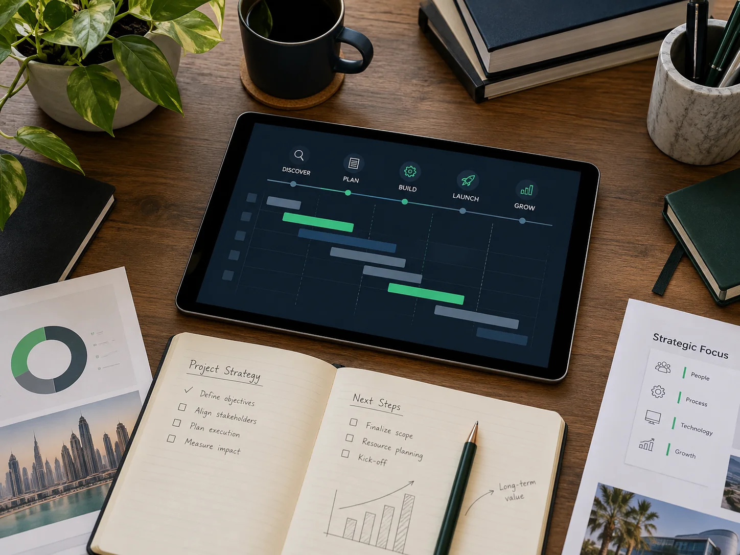a project strategy workspace with a tablet showing a simple roadmap, open notebook, pencil and meeting materials, no people