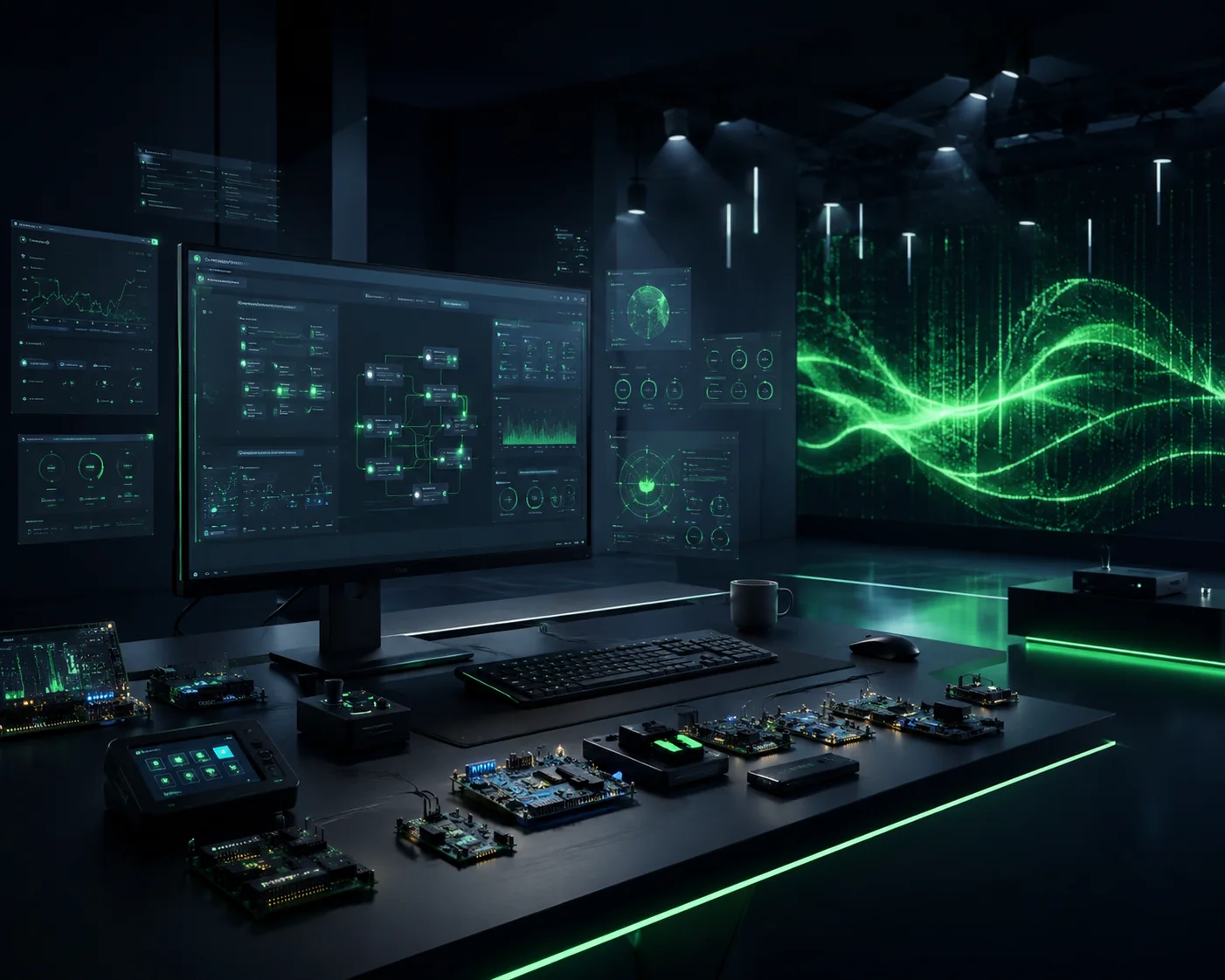 Illustration of a technology workstation with software dashboards and connected circuit boards