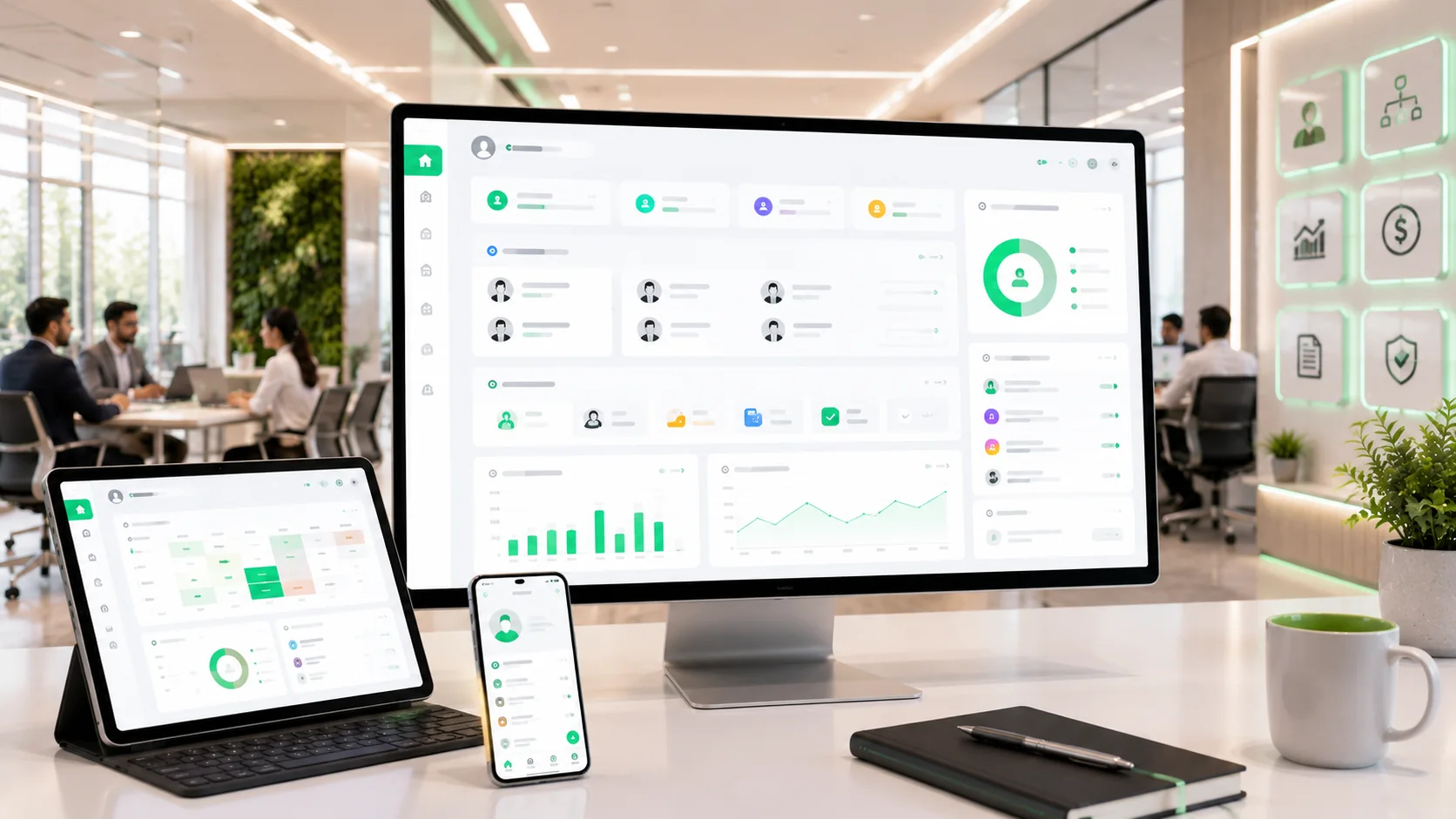 Illustrative ERP and HR management dashboard